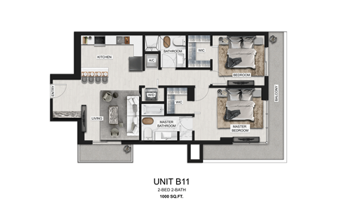 Floor plan for 2 beds, 2 baths, 1000 sqft